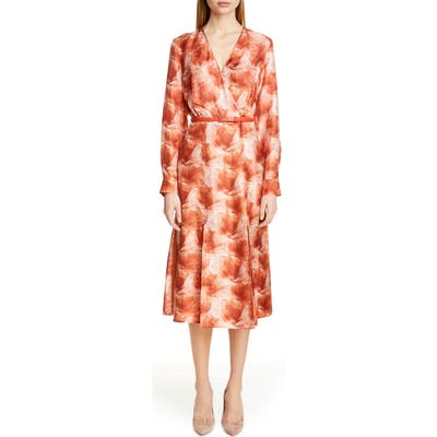 Max Mara Cenere Belted Long Sleeve Silk Dress, Orange