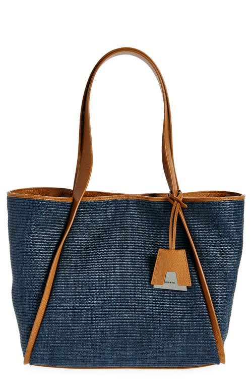 Medium Alex Raffia & Leather Bucket Tote in 439 Camel/Black