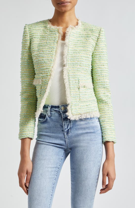 Shop L Agence Angelina Fray Tweed Jacket In Light Green Multi