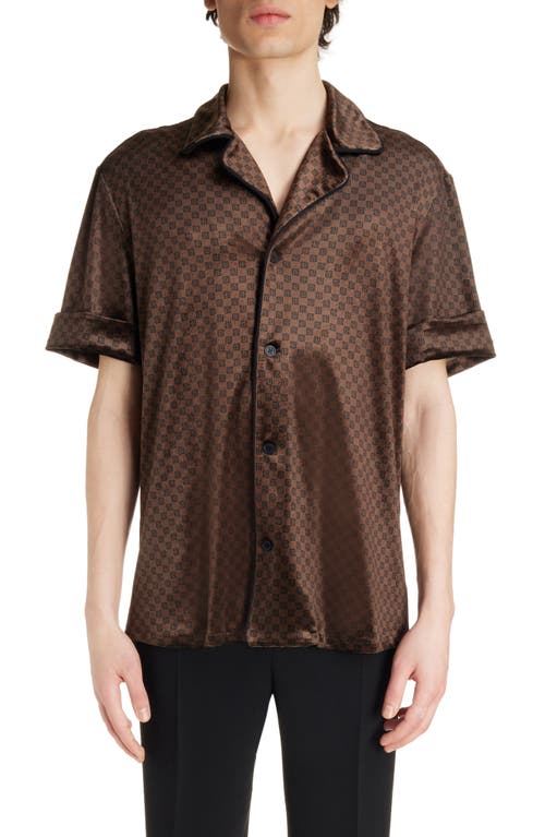 Balmain Mini Monogram Short Sleeve Velvet Button-up Shirt In Brown