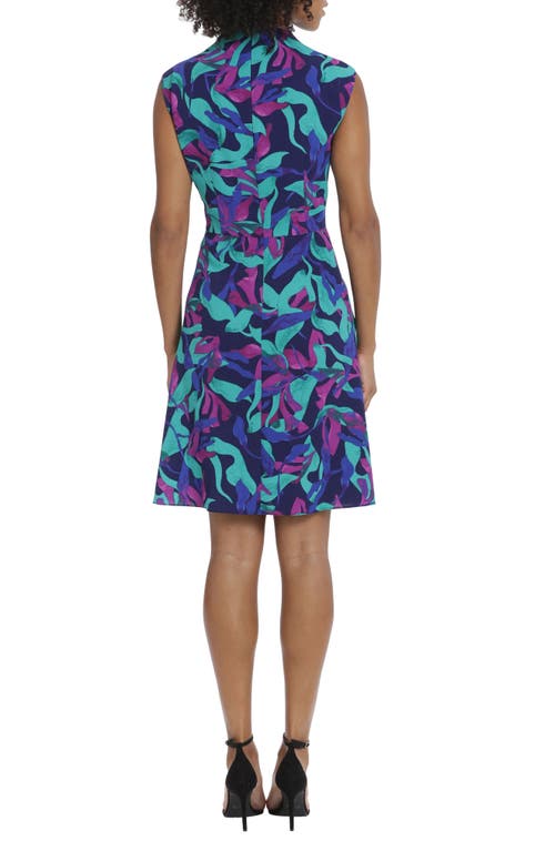 Maggy London Printed Funnel Neck Fit & Flare Dress In Deep Navy/vivid Violet