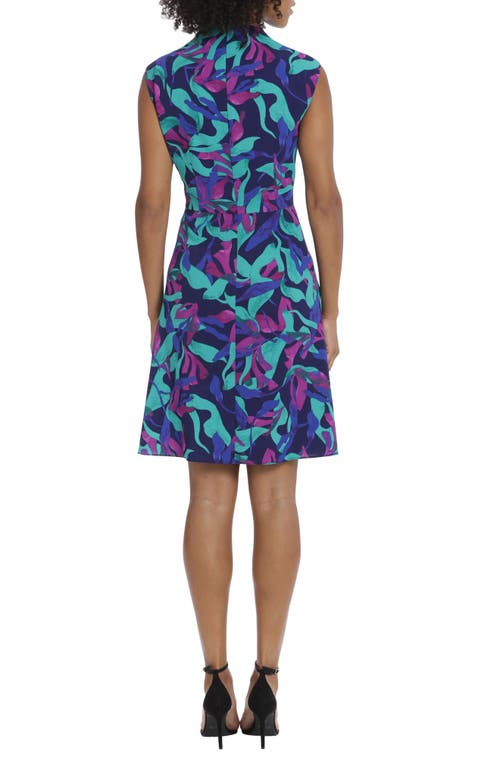 Shop Maggy London Printed Funnel Neck Fit & Flare Dress In Deep Navy/vivid Violet