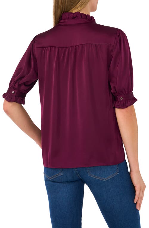 Shop Cece Frill Cuff Satin Button-up Shirt In Pickled Beet Burgundy