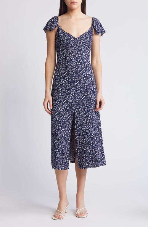 Reformation Baxley Floral Print Flutter Sleeve Midi Dress Twilight at Nordstrom,