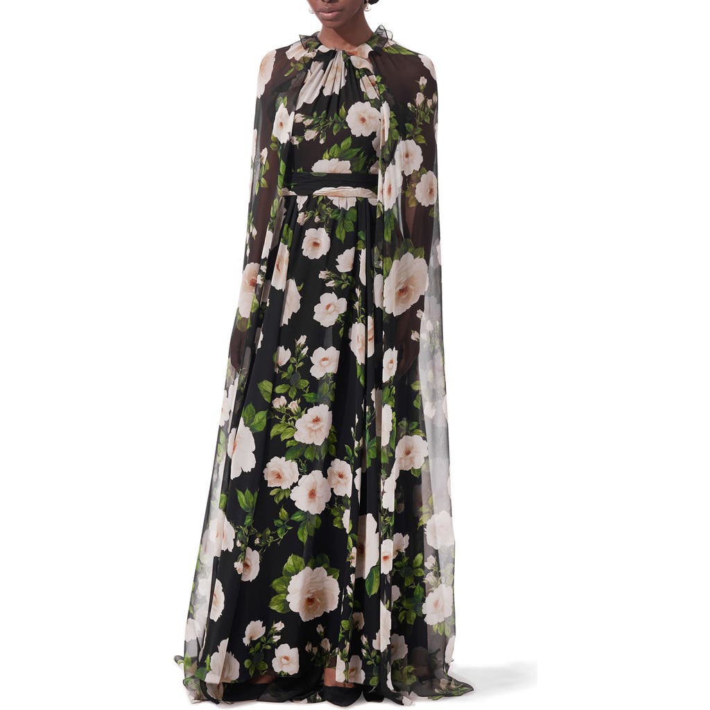 Carolina Herrera Floral Silk Halter Neck Gown With Detachable Cape In Black Multi