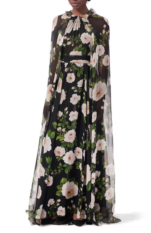Carolina Herrera Floral Silk Halter Neck Gown with Detachable Cape Black Multi at Nordstrom,
