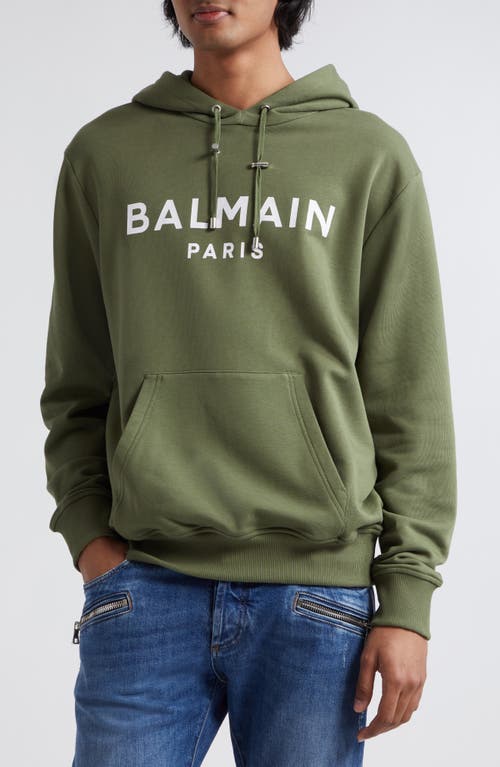 Balmain Logo-print Cotton Hoodie In Uio Kaki/white