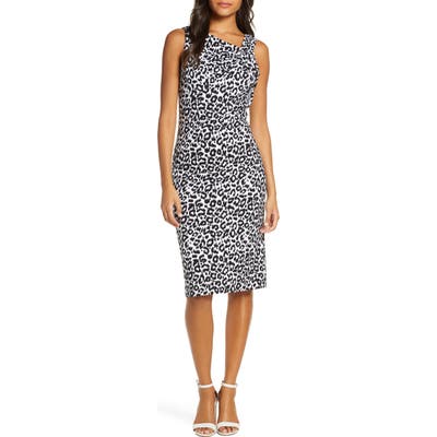 Donna Ricco Leopard Print Asymmetrical Neck Sheath Dress, Black