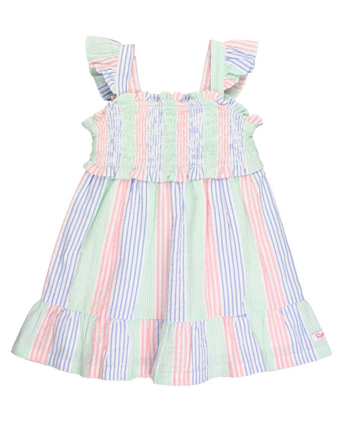 Shop Rufflebutts Toddler Smocked Flutter Strap Dress In Multi-color Seersucker