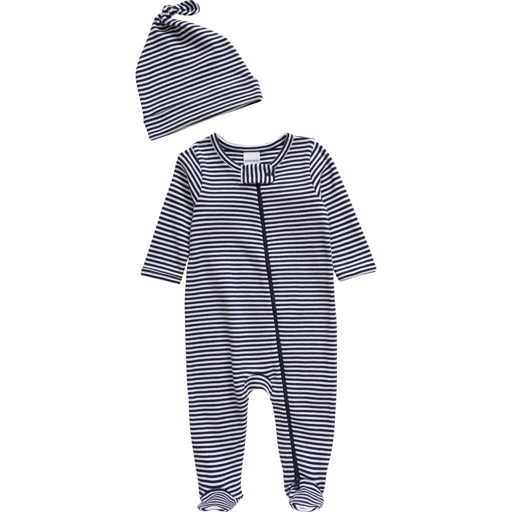 Nordstrom Print Zip Footie & Beanie Set In Navy Peacoat Finn Stripe