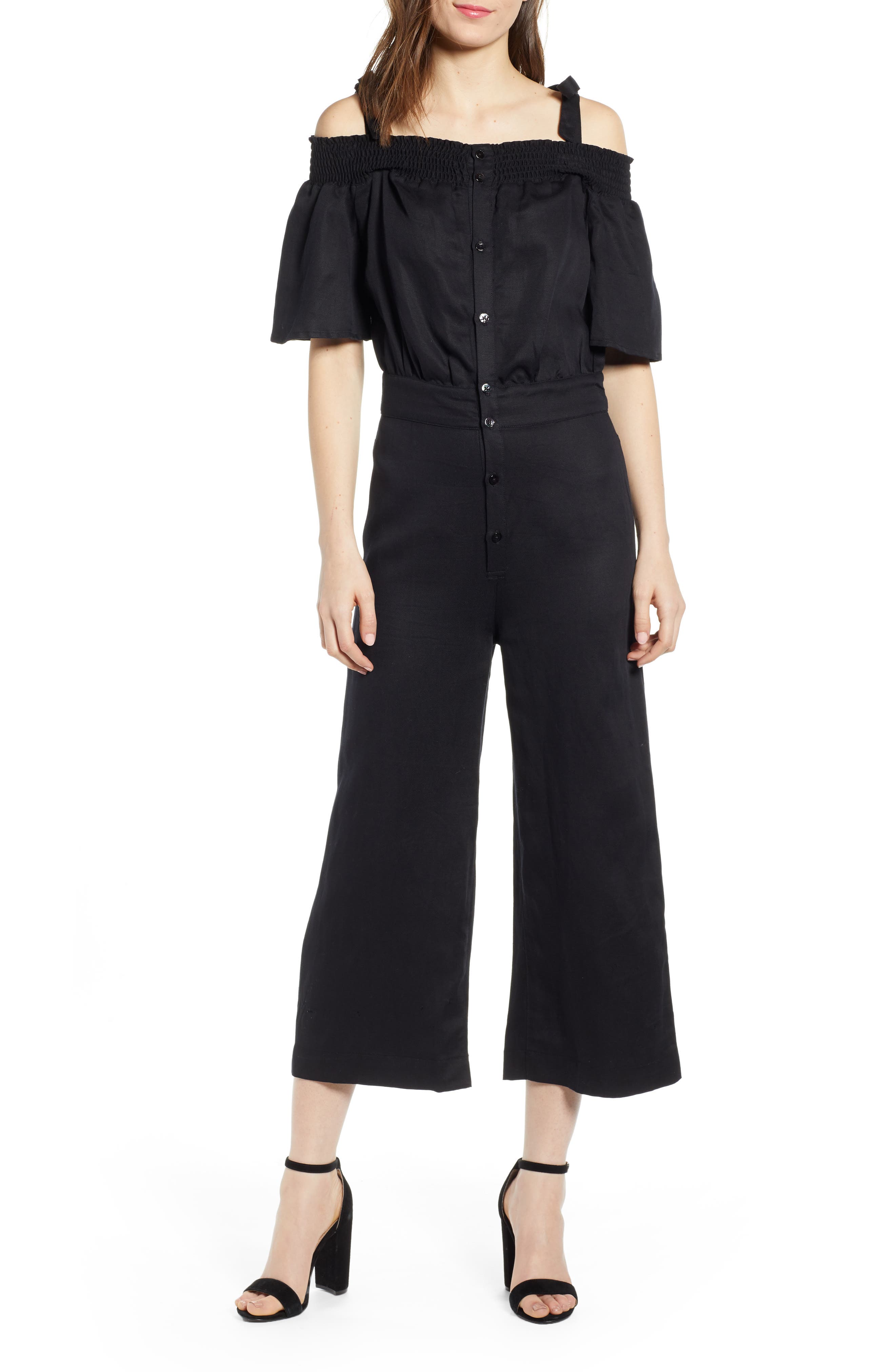 smocked off the shoulder jumpsuit