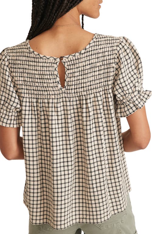 Marine Layer Elena Windowpane Plaid Smocked Yoke Top In Parchment/black Windowpane