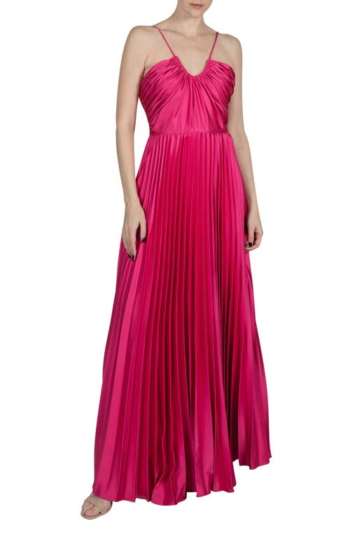 Sunburst Pleated Satin Maxi Dress in Bright Rose