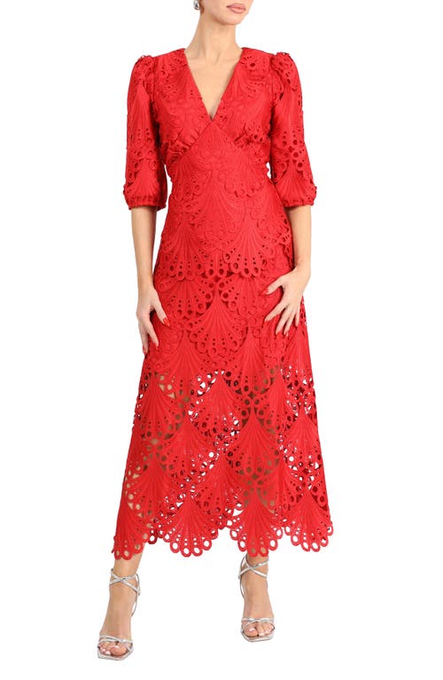 Shop Adelyn Rae Kinsley Puff Sleeve Lace Midi Dress In Red