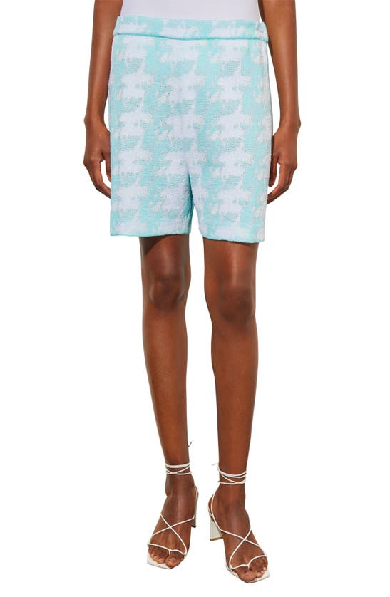 Ming Wang Houndstooth Pattern Knit Bermuda Shorts In Oceanfront/ White