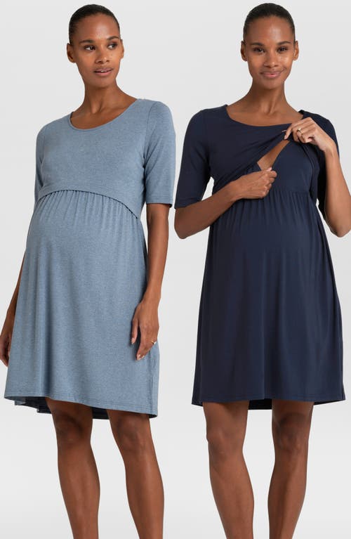 Shop Seraphine 2-pack Maternity/nursing Nightgowns In Blue/navy