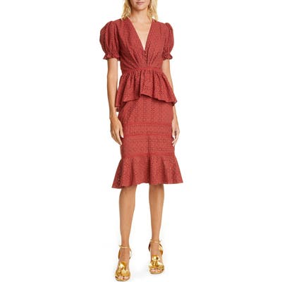 Johanna Ortiz Peplum Eyelet Midi Dress, Red