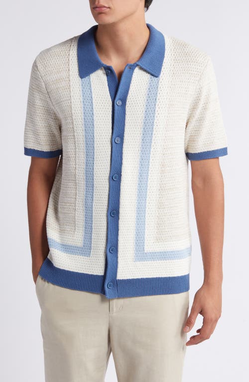 Wax London Tellaro Pointelle Knit Button-up Shirt In Blue/ecru