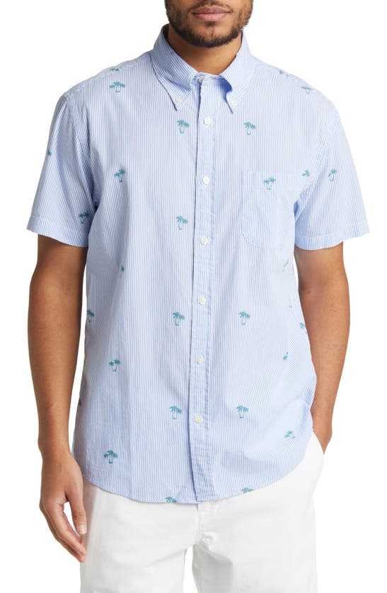 Brooks Brothers Regent Fit Seersucker Stripe Short Sleeve Button-down Shirt In Blue Stripe Palm