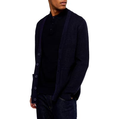 Topman Rack Textured Cardigan Sweater, Blue
