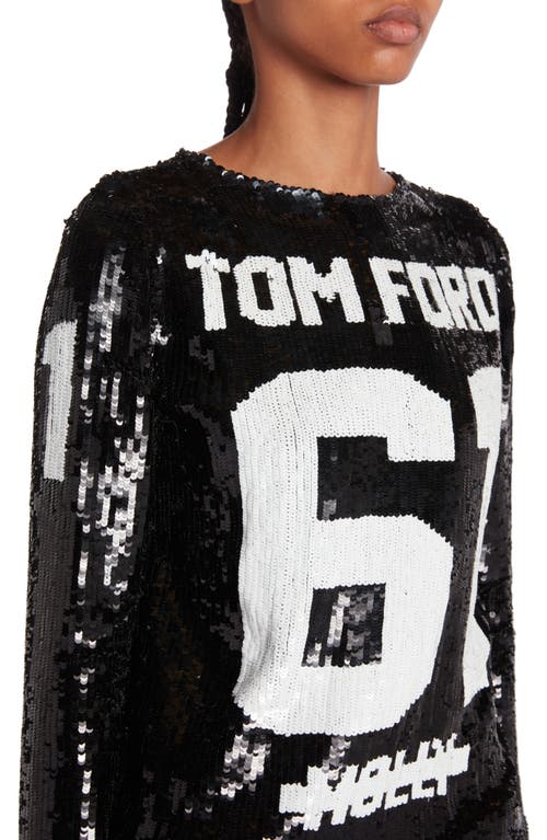 Shop Tom Ford Sequin Logo Long Sleeve Dress In Black/white