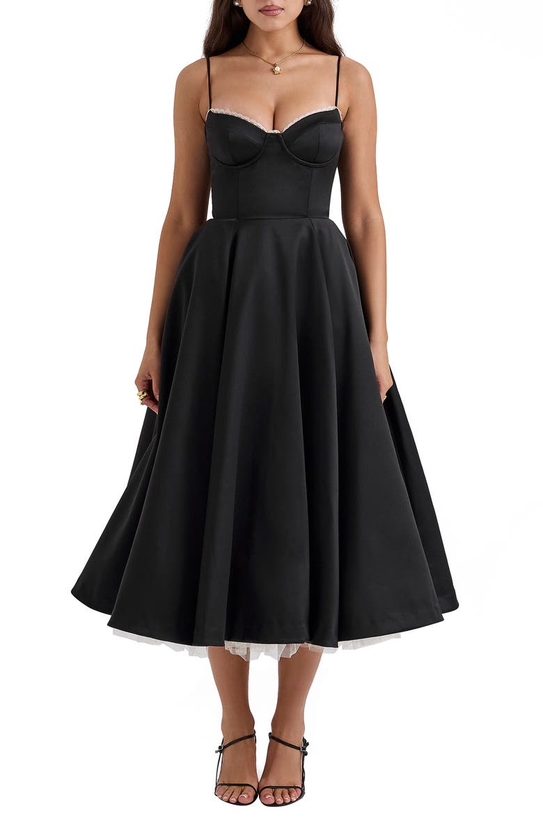 HOUSE OF CB Mademoiselle Bustier Stretch Satin Midi Dress | Nordstrom