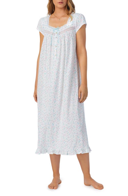 Eileen West Floral Cap Sleeve Cotton Jersey Nightgown in White/Aqua/Pink