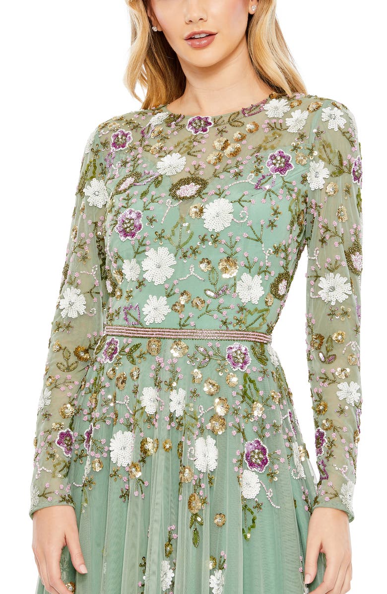 Mac Duggal Sequin Floral Long Sleeve Mesh Dress | Nordstrom