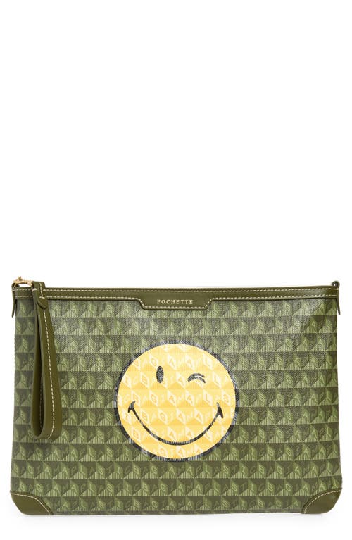 Anya Hindmarch Smiley® I Am A Plastic Bag Wink Recycled Coated Canvas Zip Pouch In Green