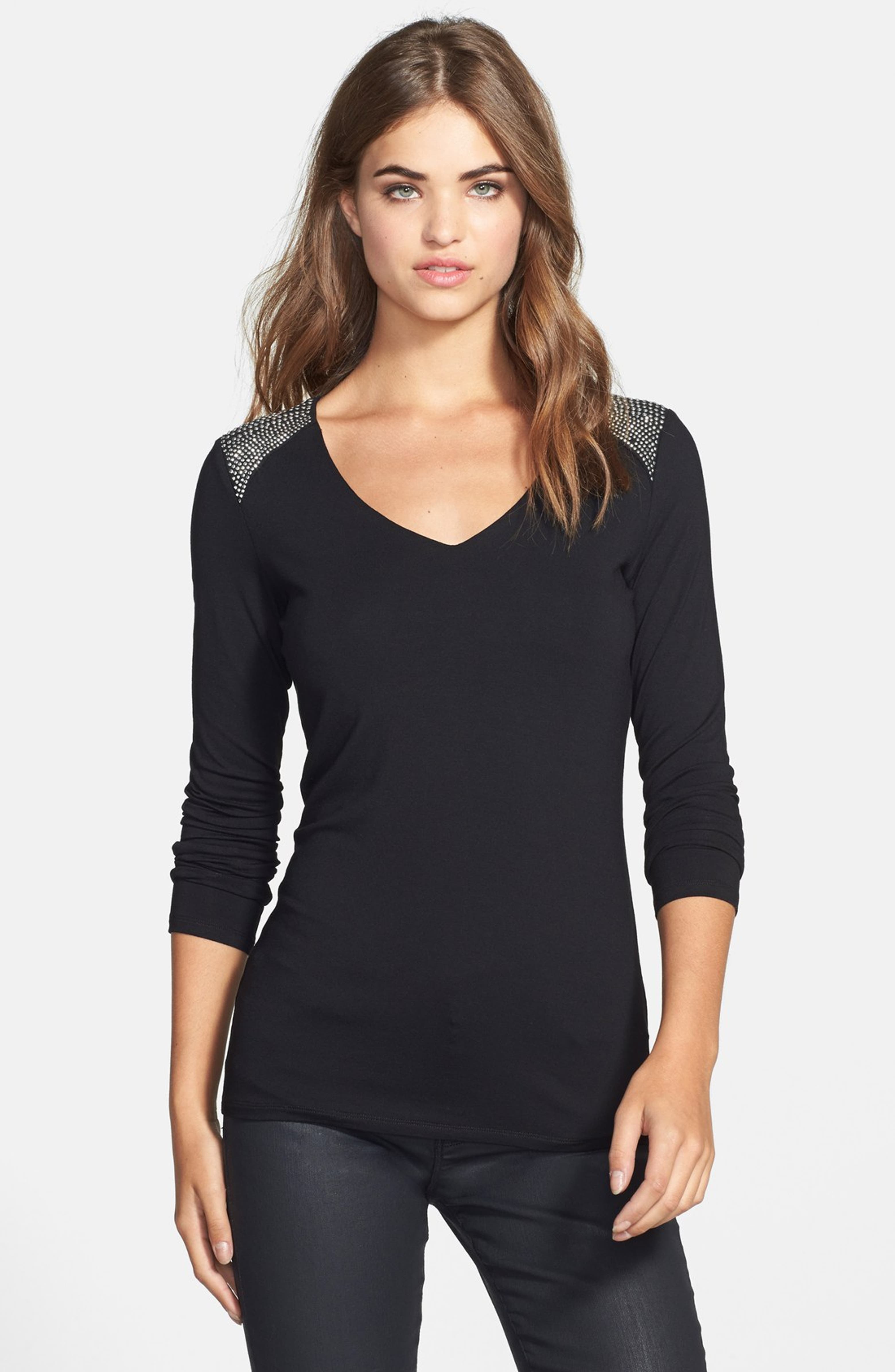 Vince Camuto Studded Shoulder V-Neck Top | Nordstrom