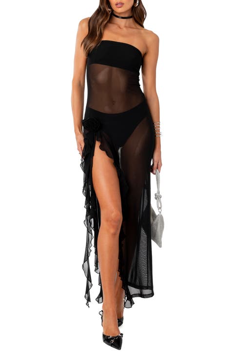 Image result for bodysuit with sheer wrap skirt  Sheer maxi dress, Maxi  dress, Black strapless maxi dress