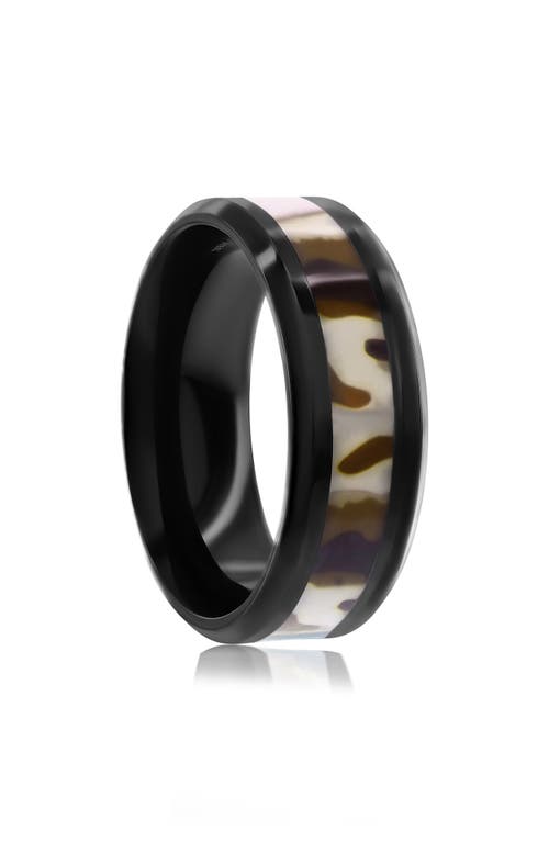 Blackjack Camouflage Black Stainless Steel Band Ring In Black/brown