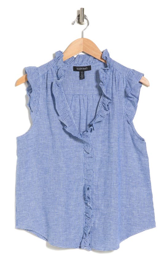 Ellen Tracy Ruffle Linen Blend Shirt In Blue Houndstooth