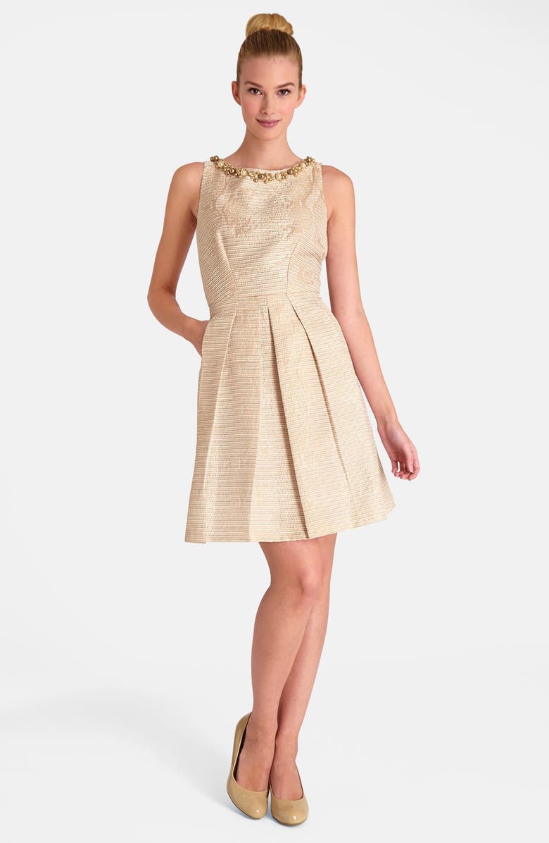 Tahari Embellished Neck Jacquard Fit & Flare Dress | Nordstrom