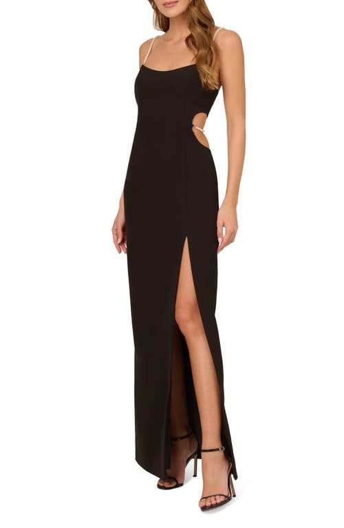 Imitation Pearl Strap Stretch Twill Column Gown in Black