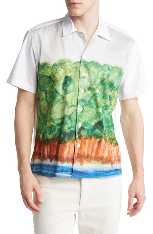 FORET Leak Watercolor Print Short Sleeve Organic Cotton Button-Up Shirt in White