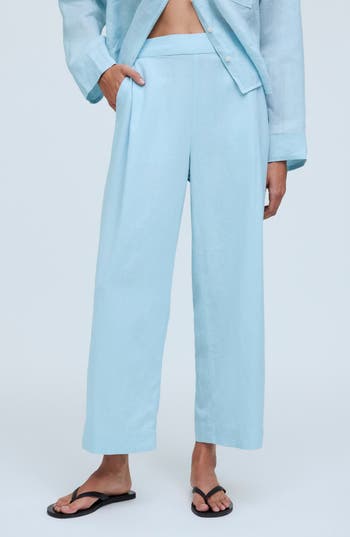 Madewell Pull-on Crop Straight Leg Linen Pants In Blue Heron