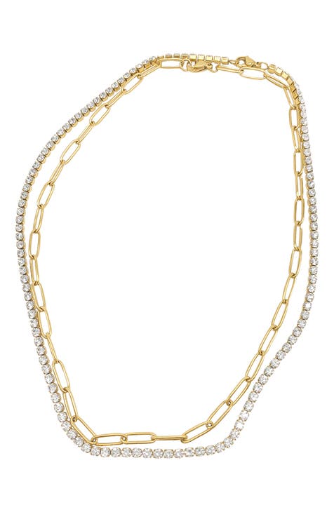 Water Resistant 14K Gold Plated CZ Tennis Chain & Paperclip Chain Necklace Set
