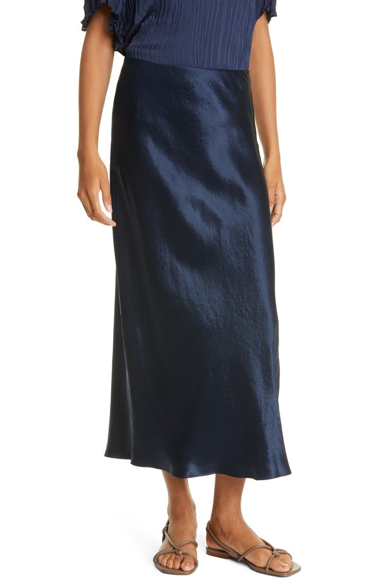 VINCE Side Slit Satin Slip Skirt, Main, color, COASTAL