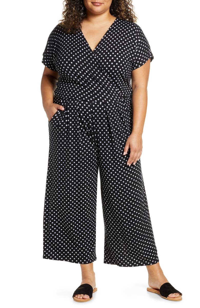 LOVEAPPELLA Wrap Wide Leg Cropped Jumpsuit, Main, color, BLACK/ IVORY