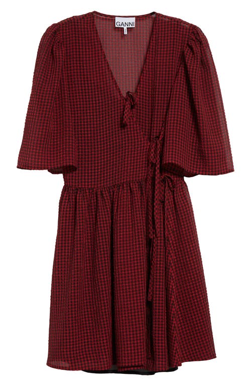 Shop Ganni Wrap Front Gingham Minidress In Winery