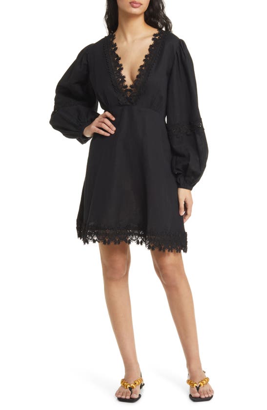 Topshop Lace Trim Long Sleeve Linen & Cotton Minidress In Black | ModeSens