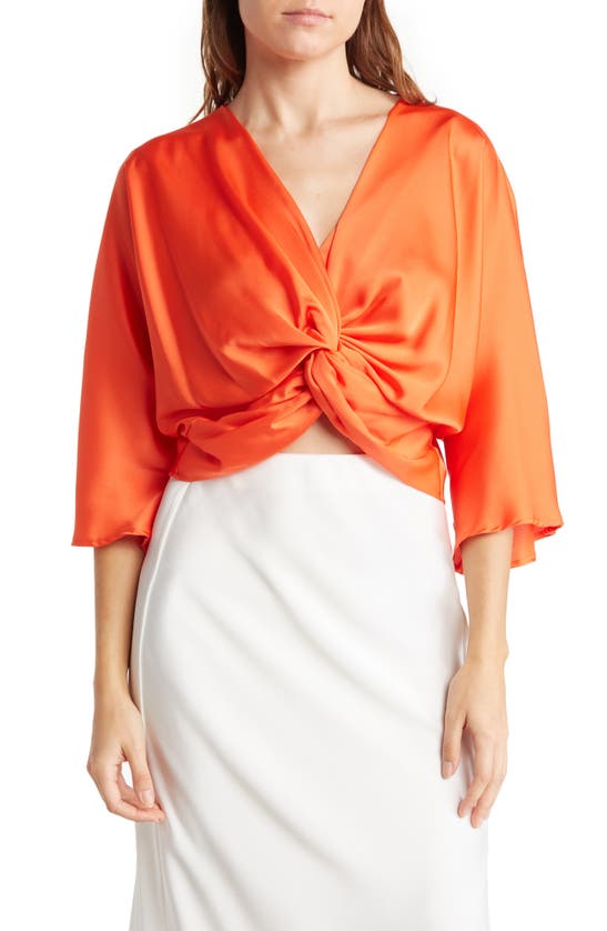 RENEE C PLUNGE NECK LONG SLEEVE TWISTED KNOT SATIN TOP