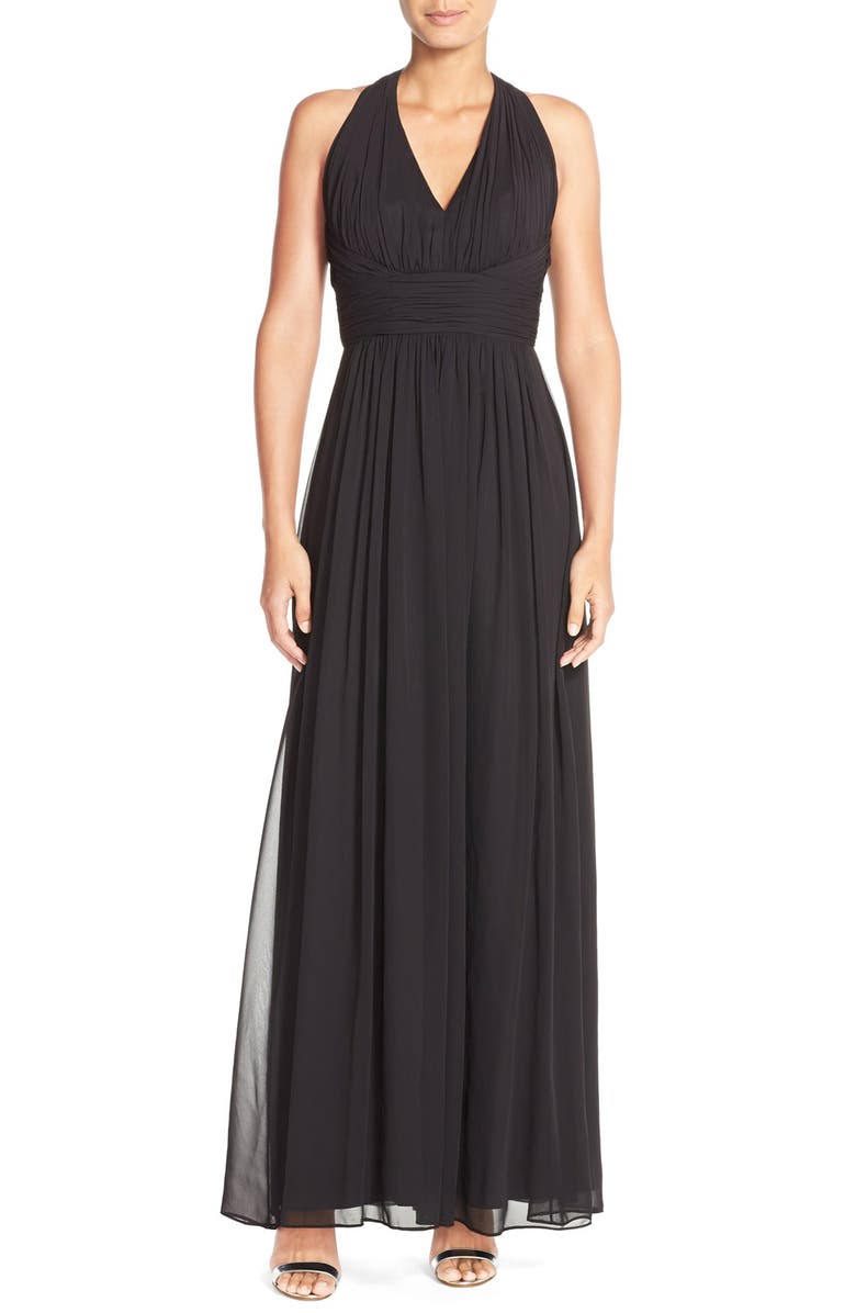 Dessy Collection Ruched Chiffon V-Neck Halter Gown | Nordstrom