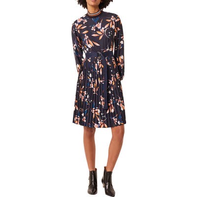 French Connection Elvia Long Sleeve Pleated Dress, Blue