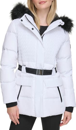 Karl Lagerfeld Paris Smocked Belted Ski Puffer Jacket with Faux