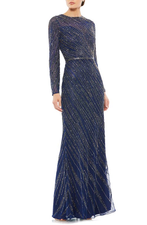 Mac Duggal Beaded Long Sleeve Tulle Column Gown in Midnight