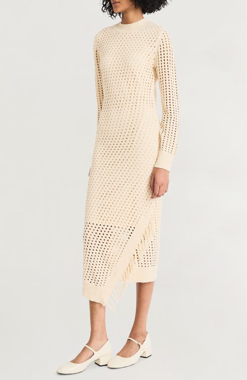 LUXELY LUXELY OPEN STITCH FRINGE LONG SLEEVE ASYMMETRIC SWEATER DRESS