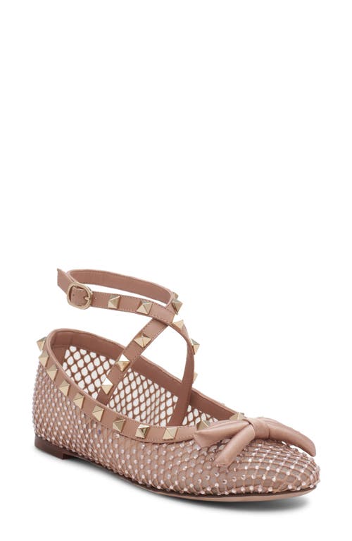 Valentino Garavani Rockstud Crystal Mesh Ankle Strap Ballet Flat In Silk/rose Cannelle