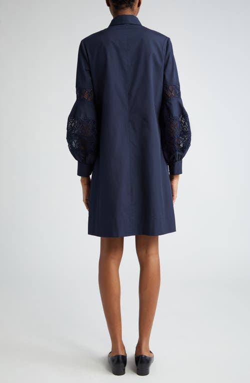 Shop Lela Rose Lace Inset Long Sleeve Stretch Cotton Shirtdress In Navy